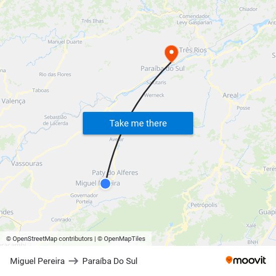 Miguel Pereira to Paraíba Do Sul map