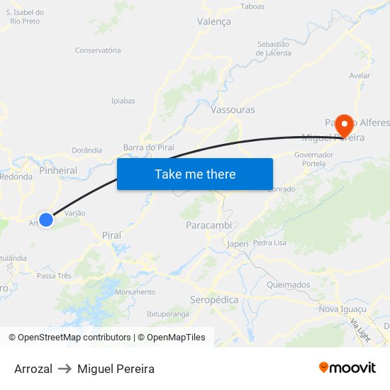 Arrozal to Miguel Pereira map