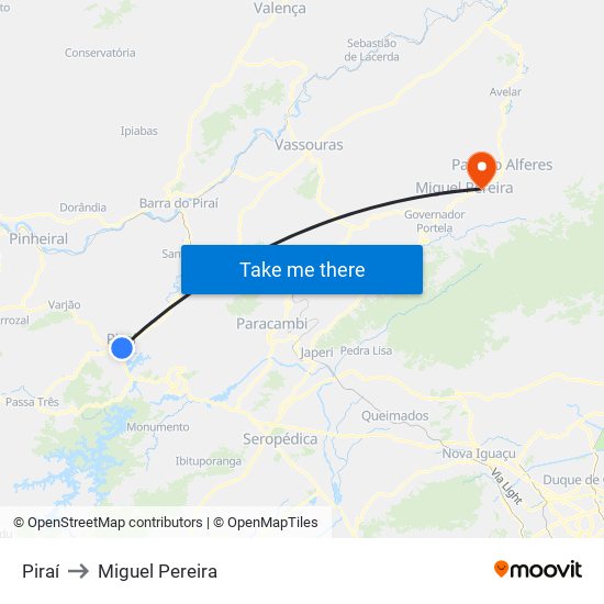 Piraí to Miguel Pereira map