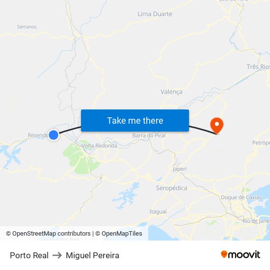 Porto Real to Miguel Pereira map