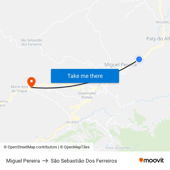 Miguel Pereira to São Sebastião Dos Ferreiros map
