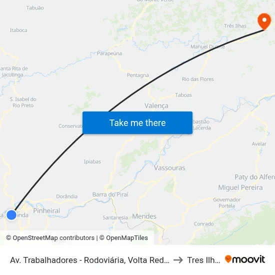 Av. Trabalhadores - Rodoviária, Volta Redonda to Tres Ilhas map
