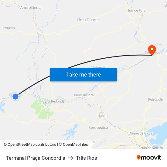 Terminal Praça Concórdia to Três Rios map