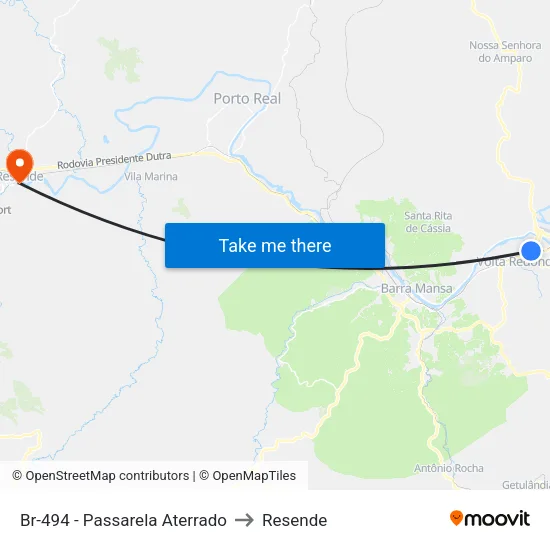 Br-494 - Passarela Aterrado, Volta Redonda to Resende map