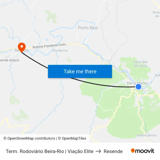 Term. Rodoviário Beira-Rio | Viação Elite, Barra Mansa to Resende map