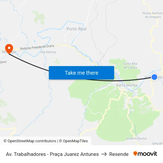 Av. Trabalhadores - Praça Juarez Antunes, Volta Redonda to Resende map
