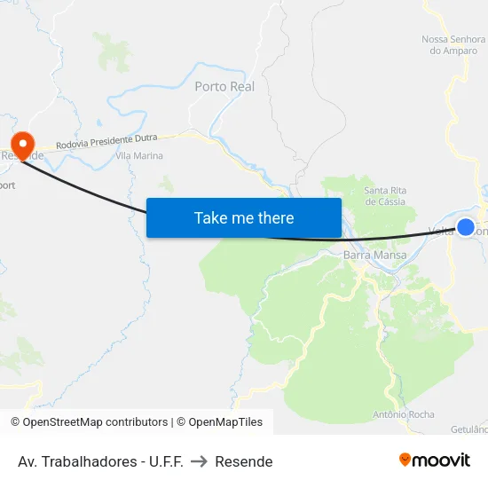 Av. Trabalhadores - U.F.F., Volta Redonda to Resende map