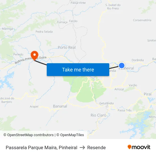 Passarela Parque Maíra, Pinheiral to Resende map