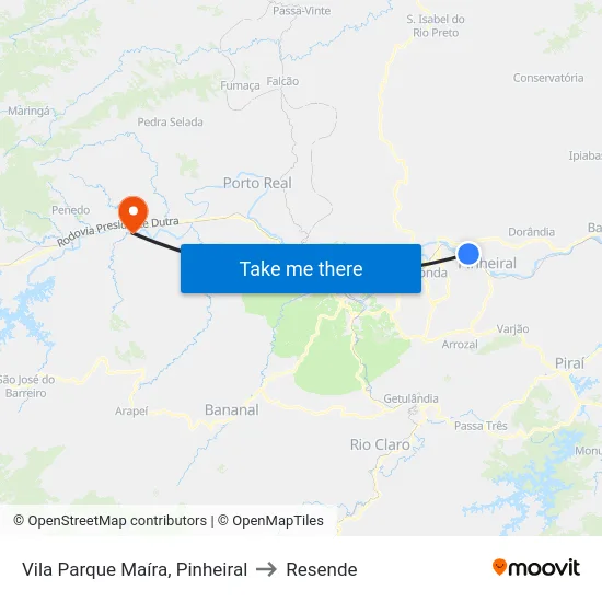 Vila Parque Maíra, Pinheiral to Resende map