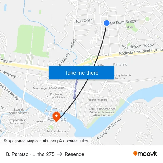 B. Paraíso - Linha 275 to Resende map