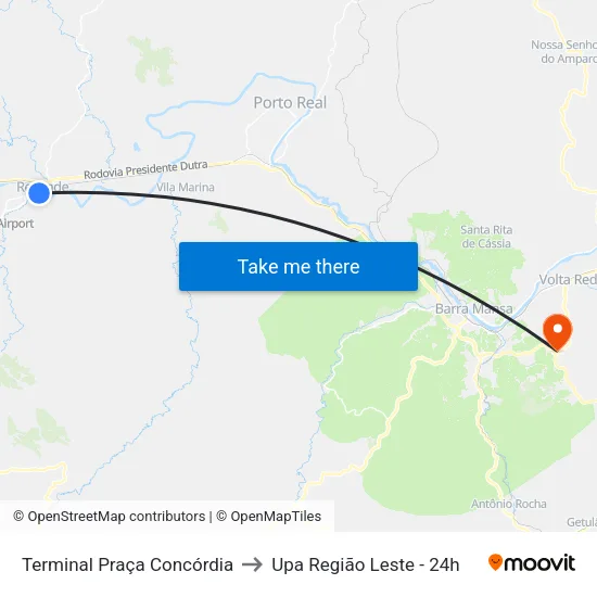 Terminal Praça Concórdia, Resende to Upa Região Leste - 24h map