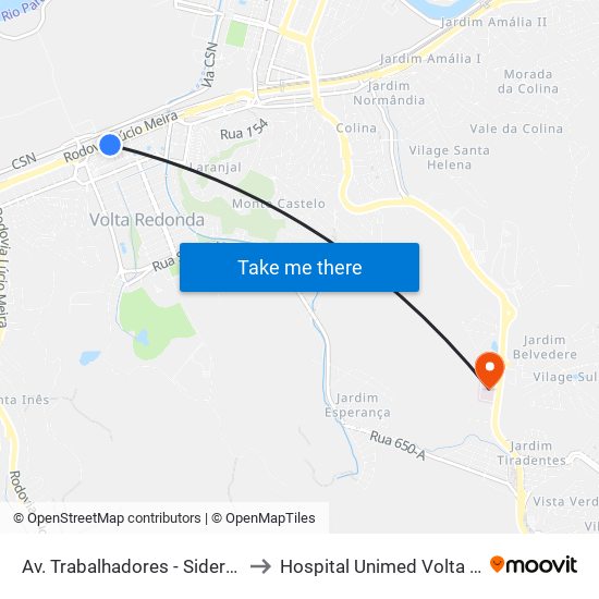 Av. Trabalhadores - Sider Shopping to Hospital Unimed Volta Redonda map