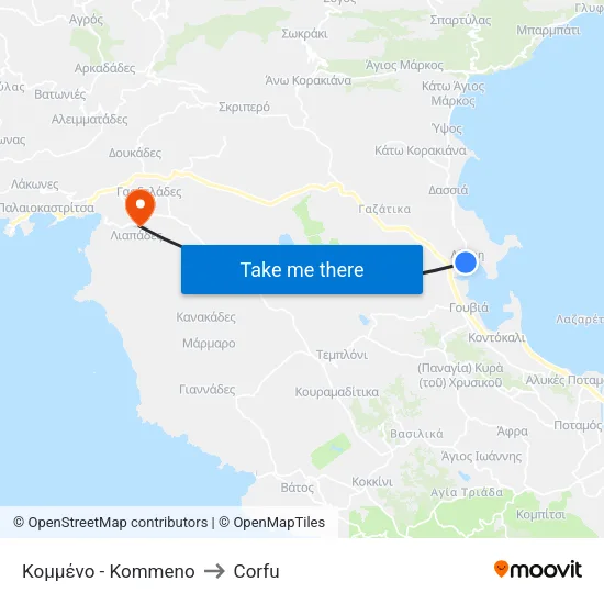 Kommeno to Corfu map