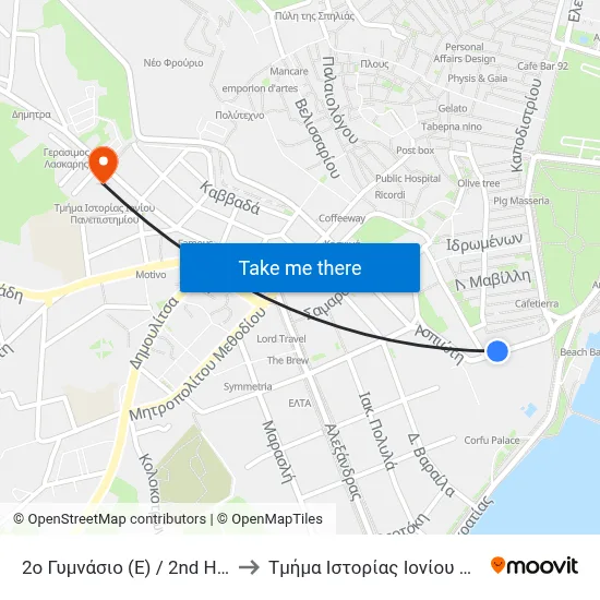 2nd High School (R) to Ionian University History Department map