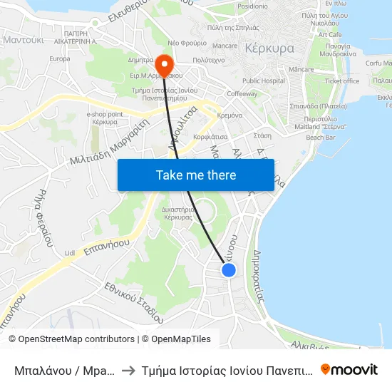 Mpalanou to Ionian University History Department map