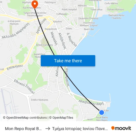 Mon Repo Royal Baths (R) to Ionian University History Department map