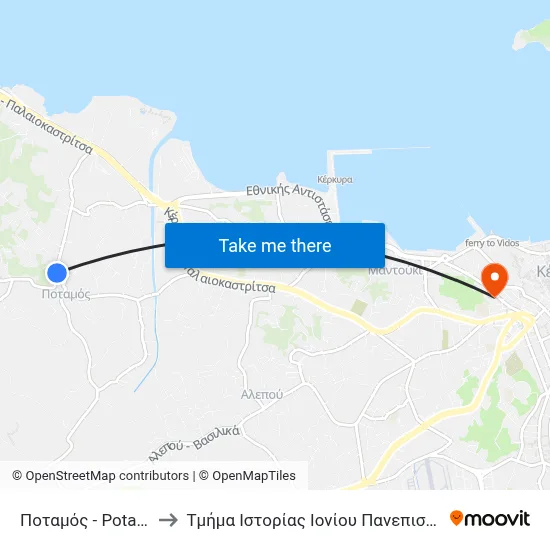 Potamos to Ionian University History Department map