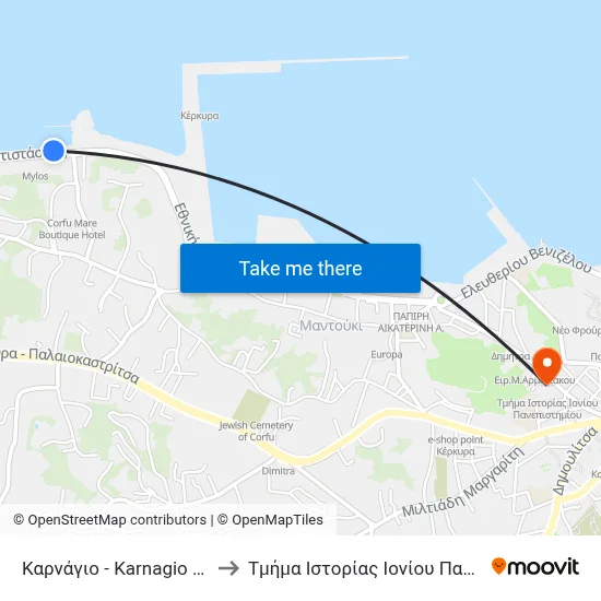 Karnagio (Shipyard) to Ionian University History Department map