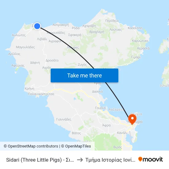 Sidari (Three Little Pigs) to Ionian University History Department map