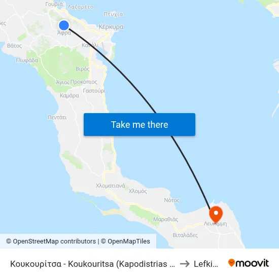 Koukouritsa (Kapodistrias Museum) to Lefkimmi map