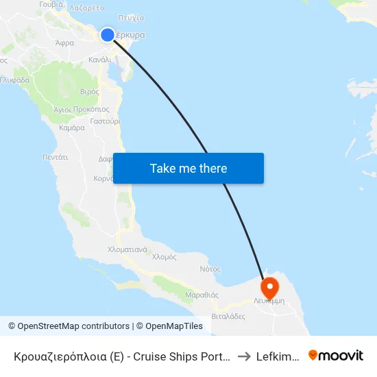 Cruise Ships Port (E) to Lefkimmi map