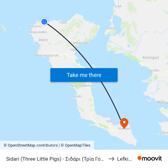Sidari (Three Little Pigs) to Lefkimmi map