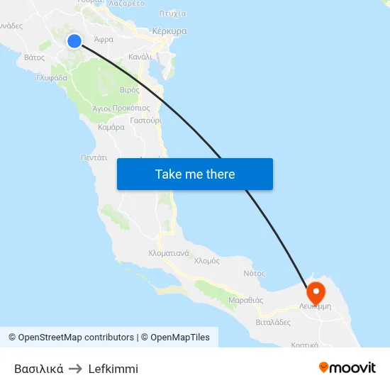 Βασιλικά to Lefkimmi map