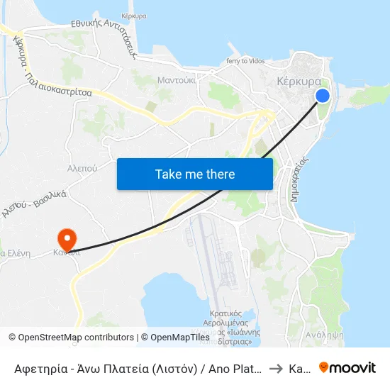 Upper Square (Liston) to Kanali map