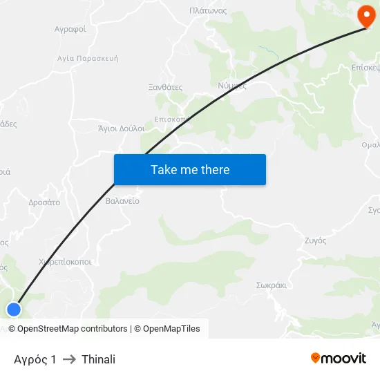 Αγρός 1 to Thinali map
