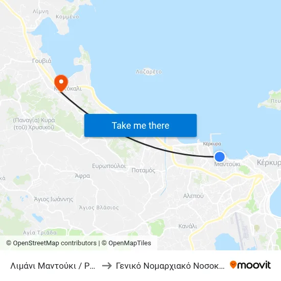 Port - Mantouki to General Provincial Hospital of Corfu map