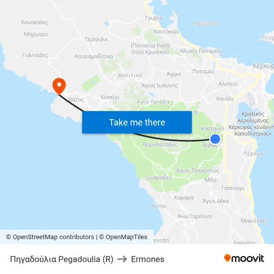 Πηγαδούλια Pegadoulia (R) to Ermones map
