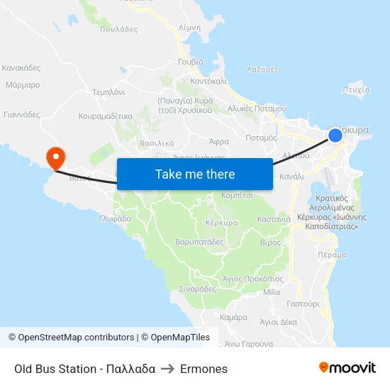 Old Bus Station to Ermones map