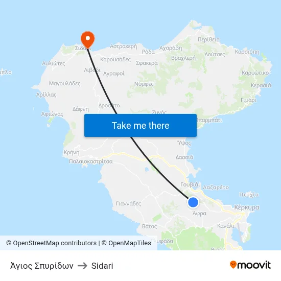 Agios Spyridon to Sidari map