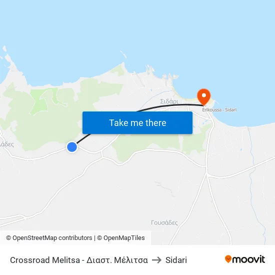 Melitsa Crossroad to Sidari map
