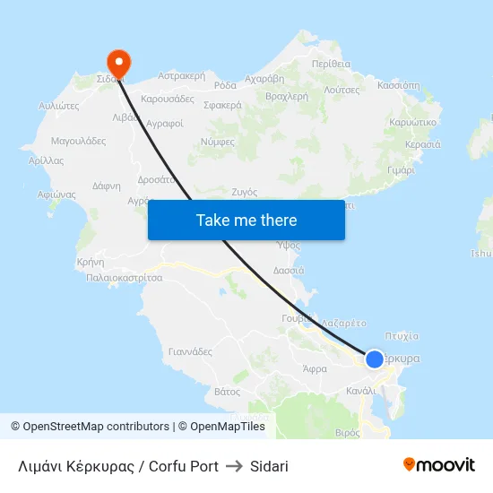 Corfu Port to Sidari map