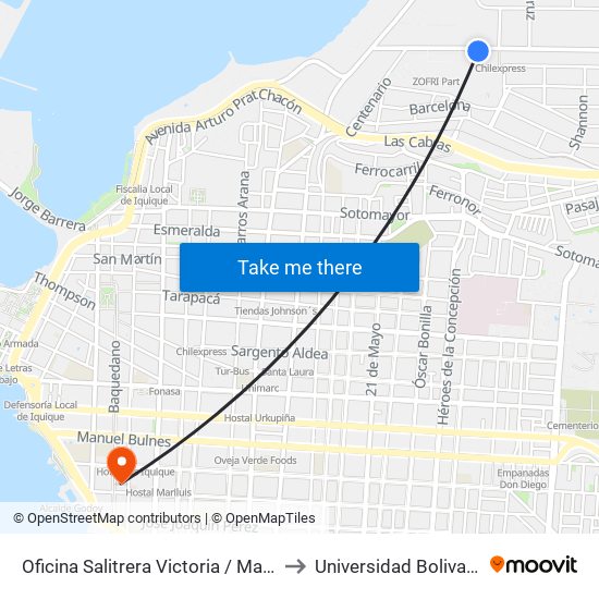 Oficina Salitrera Victoria / Mall Zofri to Universidad Bolivariana map