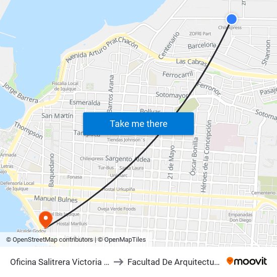 Oficina Salitrera Victoria / Colón to Facultad De Arquitectura Unap map