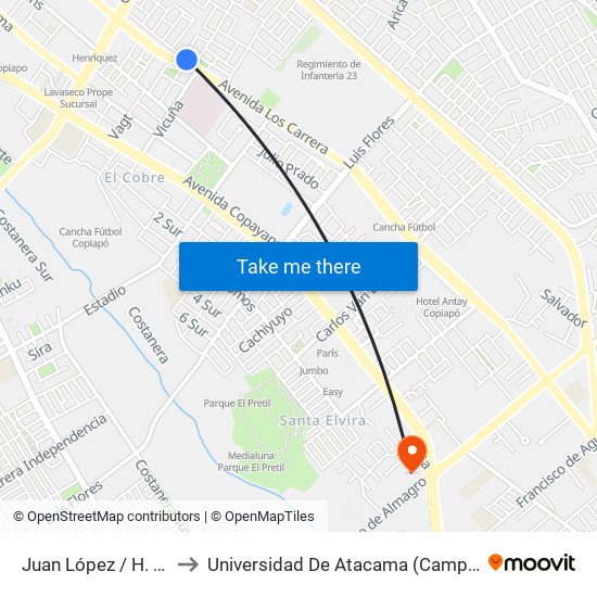 Juan López / H. Escobar to Universidad De Atacama (Campus Cordillera) map