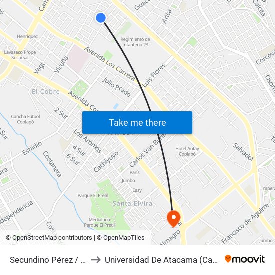 Secundino Pérez / Juan Prieto to Universidad De Atacama (Campus Cordillera) map