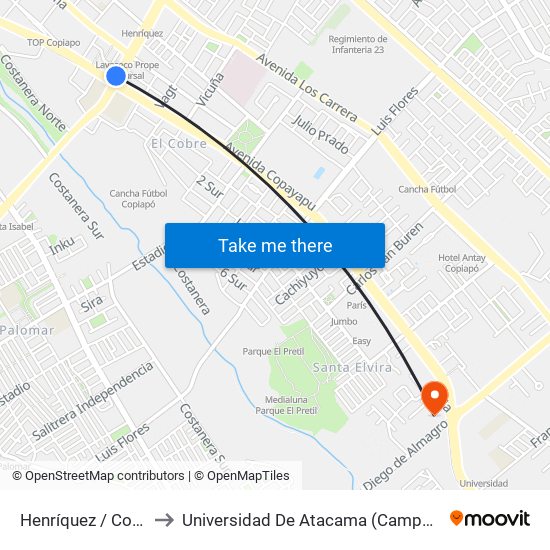 Henríquez / Copayapu to Universidad De Atacama (Campus Cordillera) map