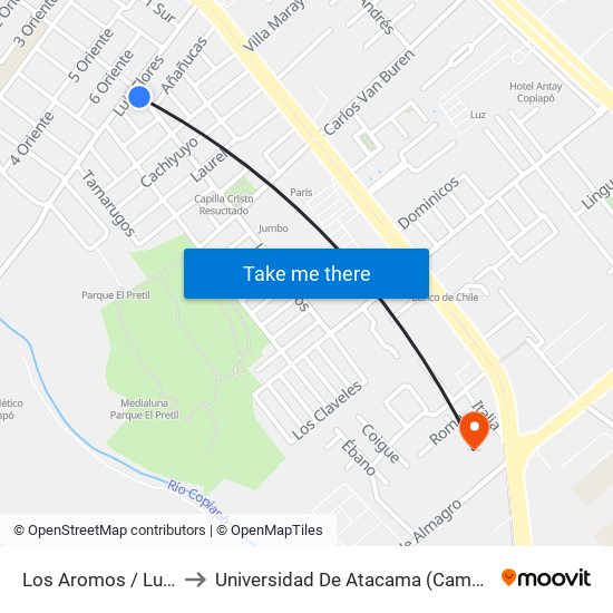 Los Aromos / Luís Flores to Universidad De Atacama (Campus Cordillera) map