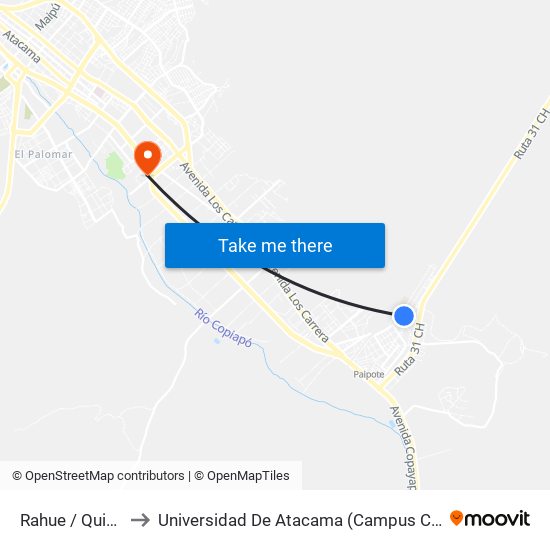 Rahue / Quirihue to Universidad De Atacama (Campus Cordillera) map