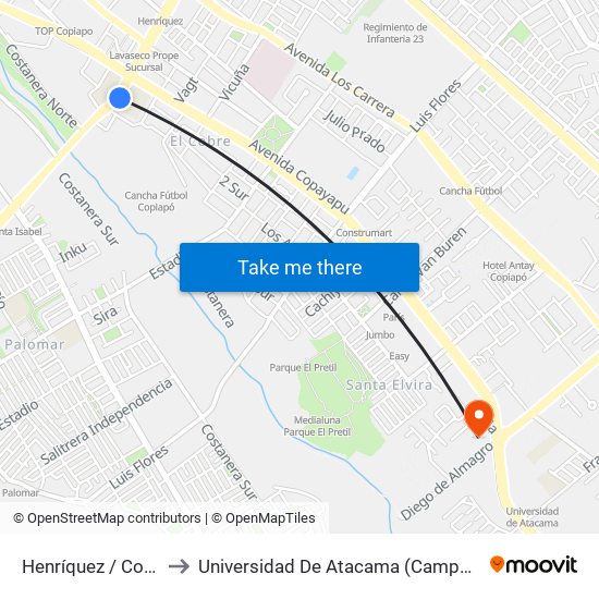 Henríquez / Copayapu to Universidad De Atacama (Campus Cordillera) map