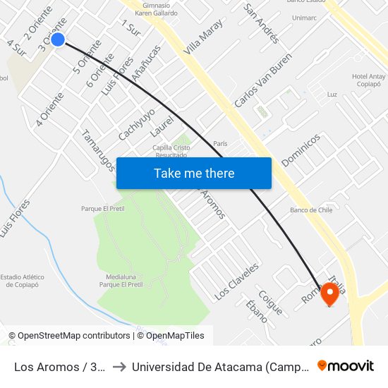 Los Aromos / 3 Oriente to Universidad De Atacama (Campus Cordillera) map