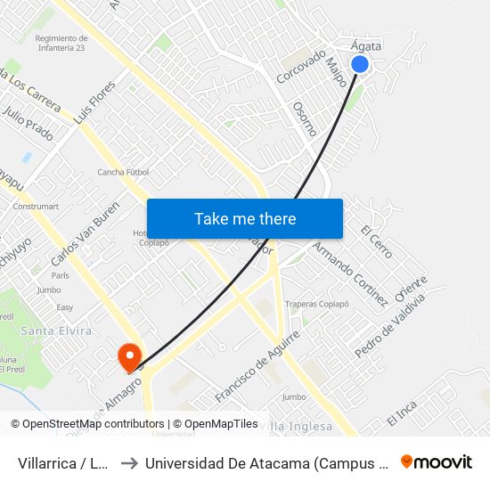 Villarrica / Lascar to Universidad De Atacama (Campus Cordillera) map