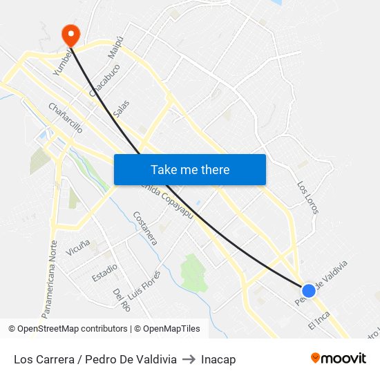 Los Carrera / Pedro De Valdivia to Inacap map