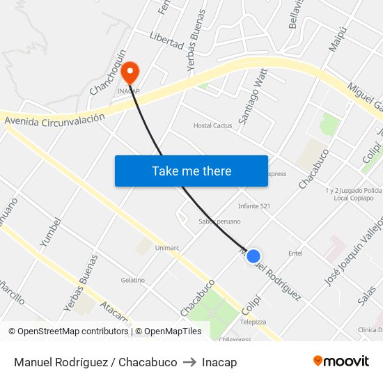 Manuel Rodríguez / Chacabuco to Inacap map