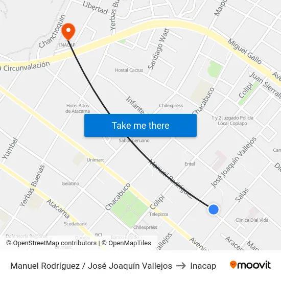 Manuel Rodríguez / José Joaquín Vallejos to Inacap map