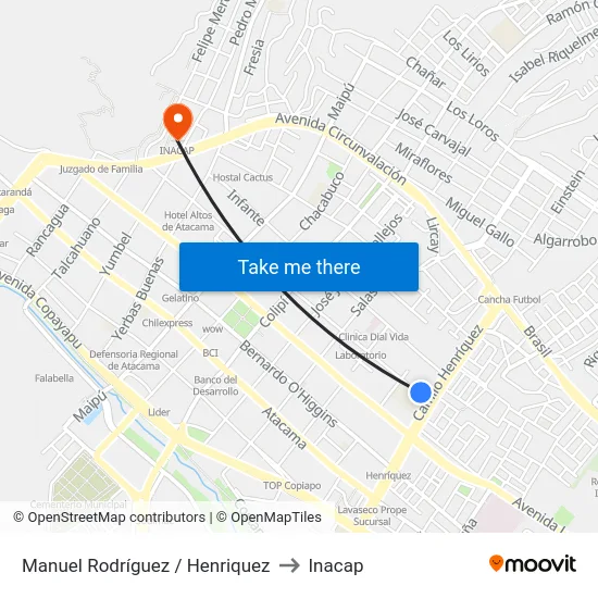 Manuel Rodríguez / Henriquez to Inacap map