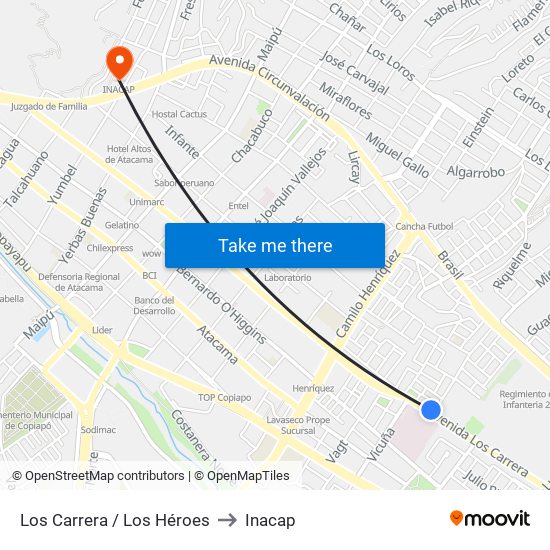Los Carrera / Los Héroes to Inacap map